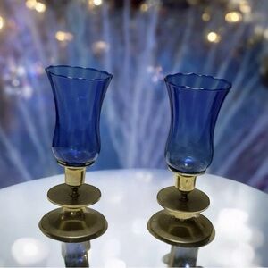 Vintage ~ 2 Candlestick Holders~Cobalt Blue Glass Hurricane Style & Metal~ 1970s